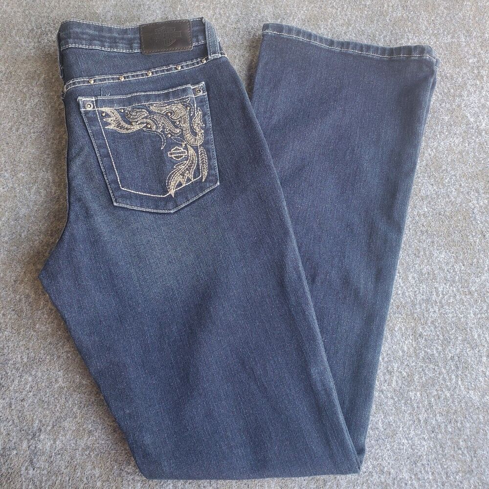 Harley-Davidson Women's 29 Curvy Bootcut Jeans Embroidered Whiskered Denim